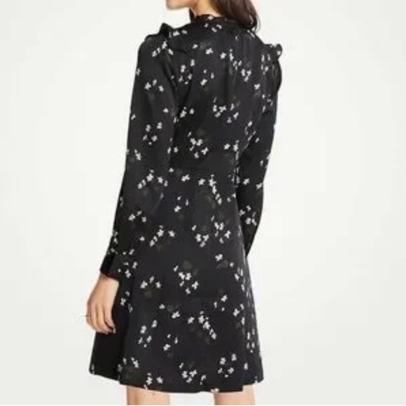 Ann Taylor black ruffle black floral long sleeve dress womens size 00P petite - Picture 4 of 13